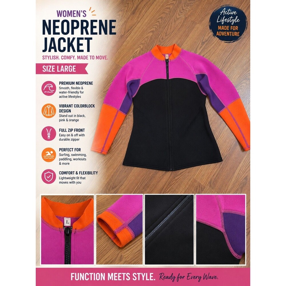 Womens Neoprene Jacket Large Black Pink Orange Zip Front Surf Swim Paddle Athlet